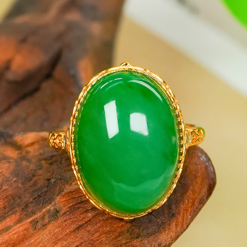 925 silver inlaid with natural Hetian jade jasper apple green cabochon ring, fashionable and simple hollow ring
