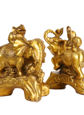 黄铜大象摆件一对铜象招客厅玄关财吸水象铜制大号葫芦母子铜大象