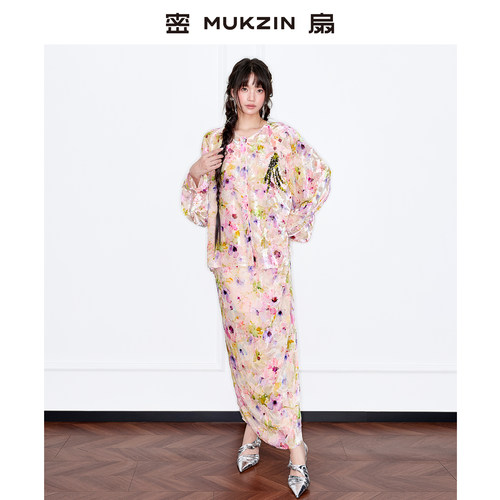 【黄龄同款】密扇2025秋季【桃花姬】新中式织金妆花丝绒疆绣套装 - 图0