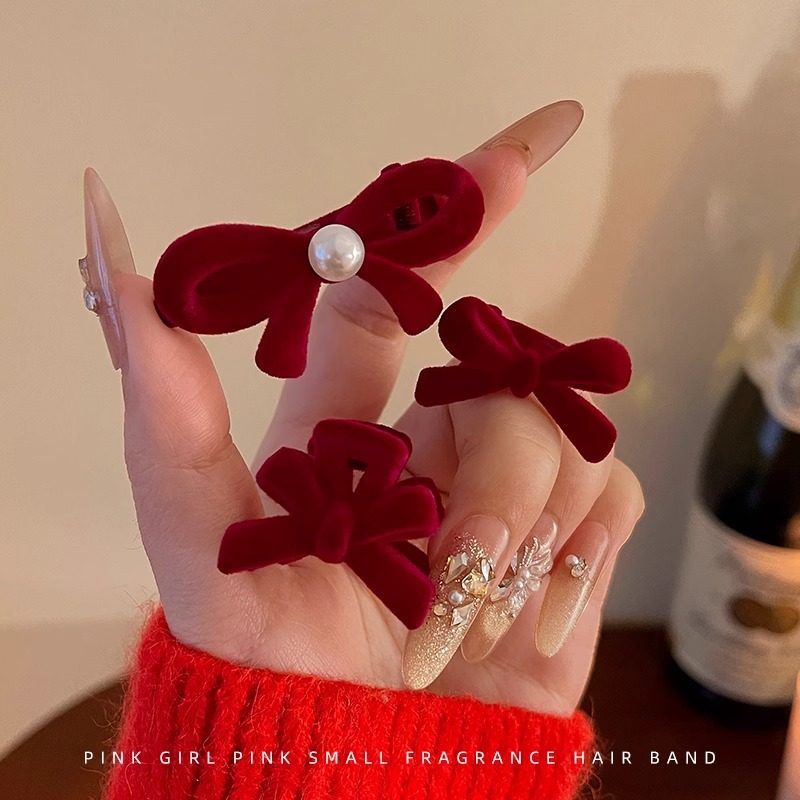 新年红色丝绒珍珠蝴蝶结刘海发夹女感侧马尾编发夹子圣诞头饰,淘宝优惠券,粉丝福利购,淘宝优惠卷