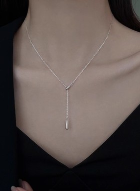 s999足银水滴项链女法式流苏冷淡风锁骨链极简Y字可调节颈链礼物