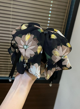 夏季半扎发蝴蝶结飘带碎花抓夹女