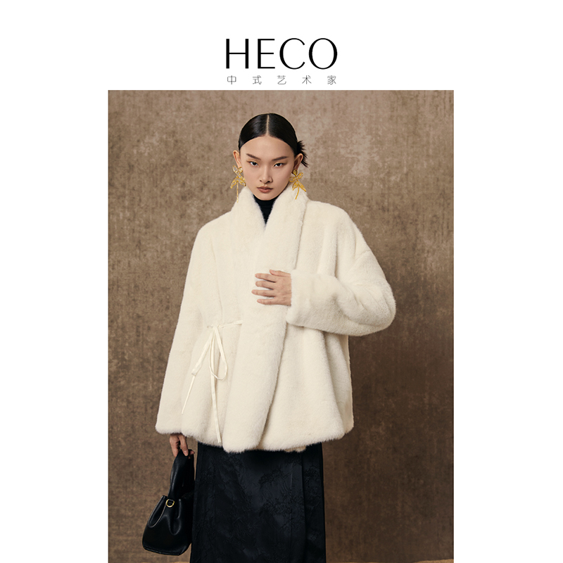 HECO【冬日初语】新中式高级感貂绒冬季保暖白色毛呢斜襟外套女