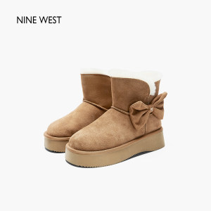 Nine West/玖熙2023年新款冬季雪地靴女加绒厚底短靴蝴蝶结女靴子