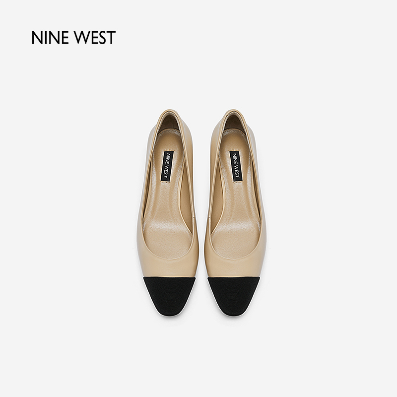 Nine West/玖熙2024年夏季新款玛丽珍鞋女圆头拼色一脚蹬中跟单鞋