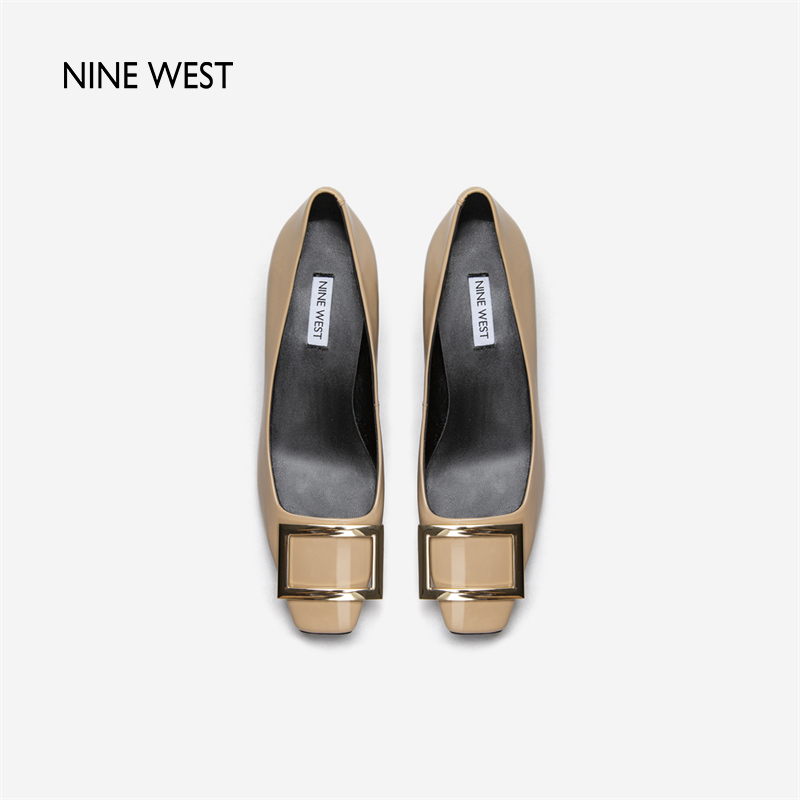 Nine West/玖熙2024年春季新款中跟单鞋女方头浅口金属扣粗跟女鞋-图1