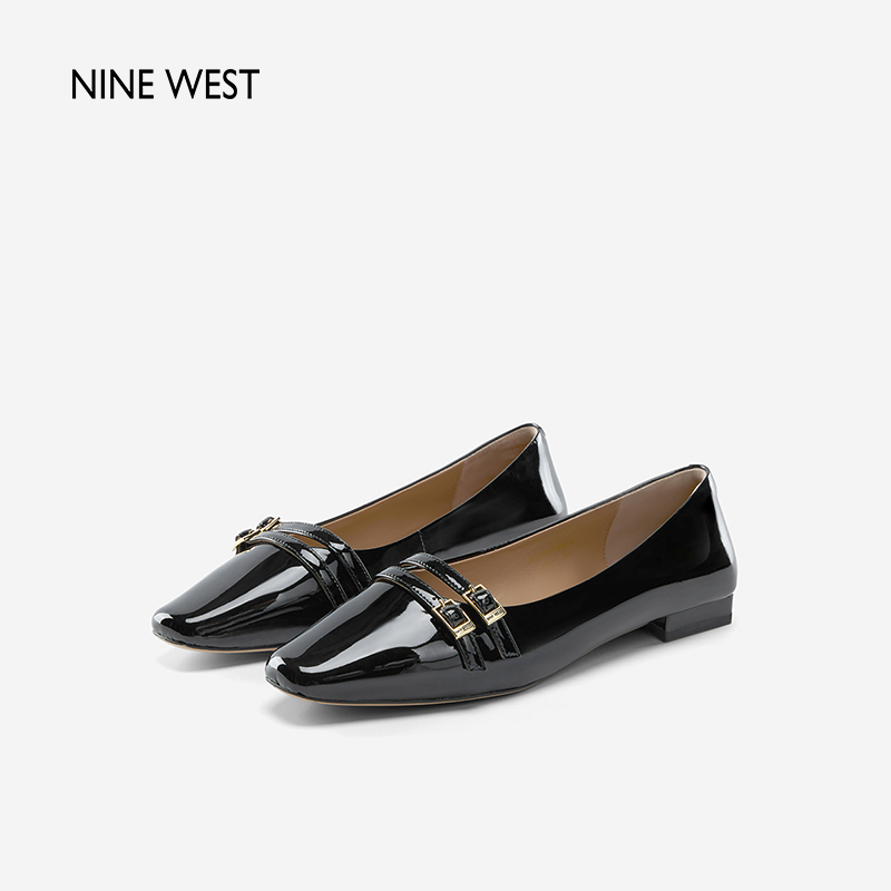 Nine West/玖熙2024年春季新款低跟单鞋女小方头漆皮并行扣带女鞋 - 图0