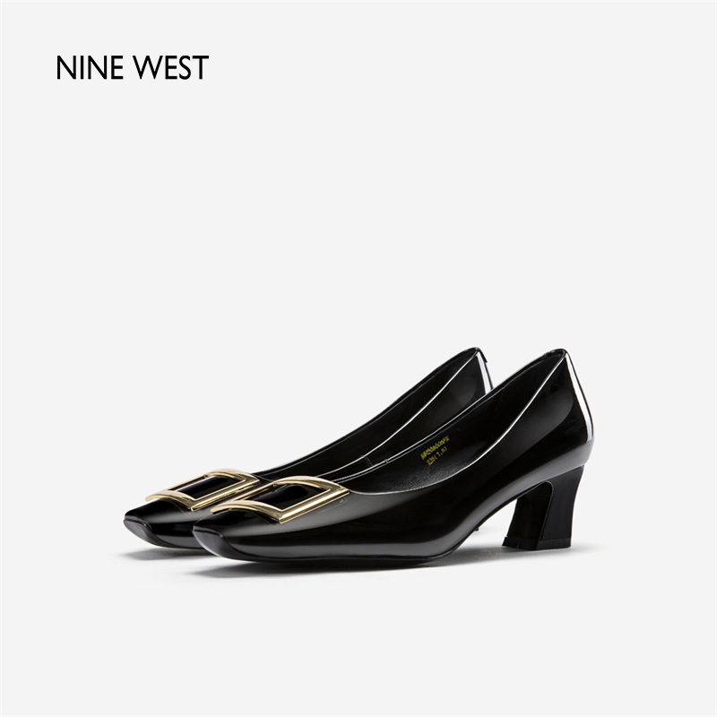 Nine West/玖熙2024年春季新款中跟单鞋女方头浅口金属扣粗跟女鞋-图3