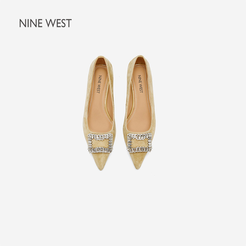 奥莱专供Nine West/玖熙2026年春中跟单鞋女尖头晶钻绒面猫跟女鞋