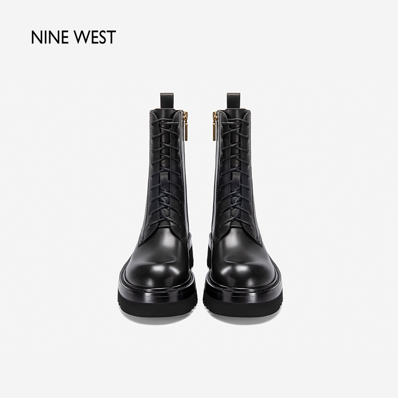 Nine West/玖熙厚底马丁靴女2023年秋冬新款瘦瘦靴经典款真皮靴子