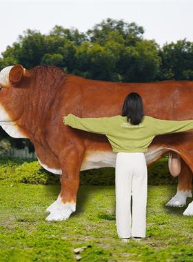 户外仿真大型黄牛玻璃钢雕塑草坪黑牛模型西门塔尔牛园林景观装饰