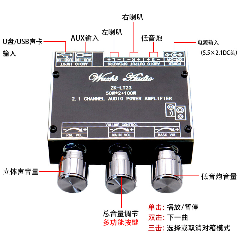 ZK-LT23 2.1声道蓝牙音频功放板模块50W+50W+100W低音炮TWS真无线 - 图2