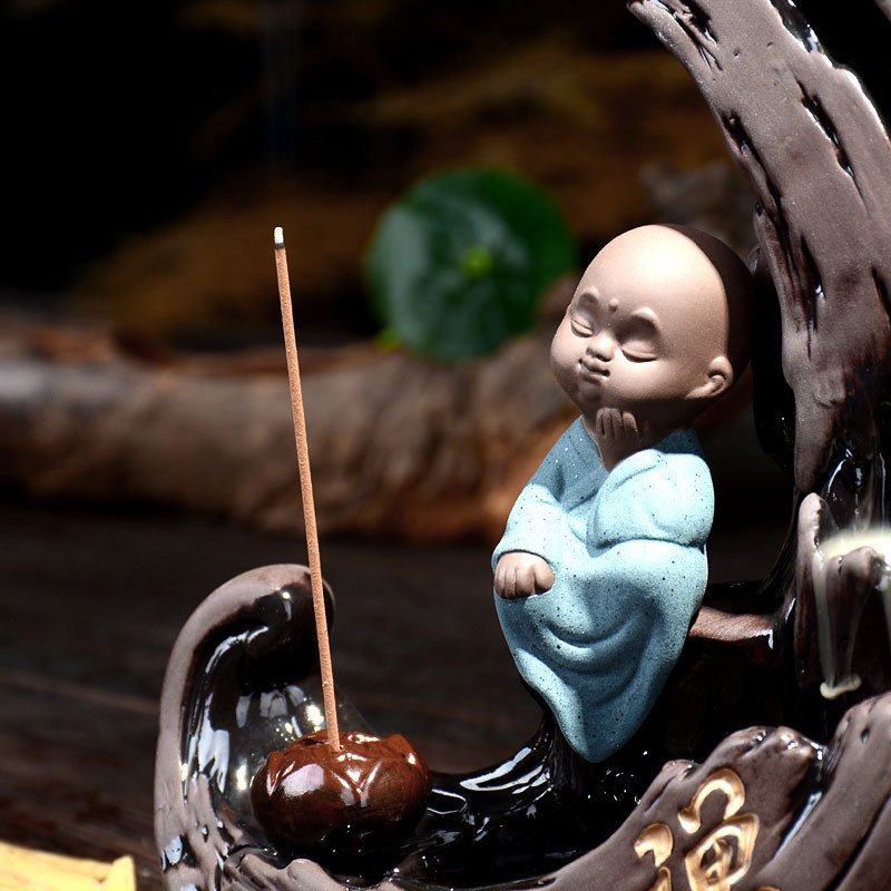 陶瓷倒流烟塔香炉 礼盒装Q版沙弥香道高山流水瀑布赏烟锥香沉香炉,淘宝优惠券,粉丝福利购,淘宝优惠卷