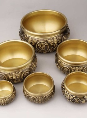 速发黄铜原色双送聚宝盆摆件饰式摆设家居客厅电视柜装中品乔迁鱼