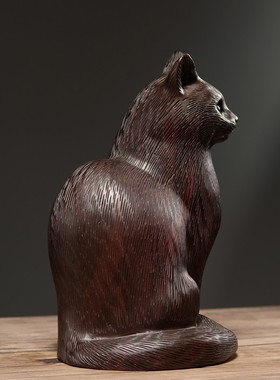 速发黑居木雕猫摆件波斯猫动物猫雕刻工艺设家檀客厅装饰摆品创意