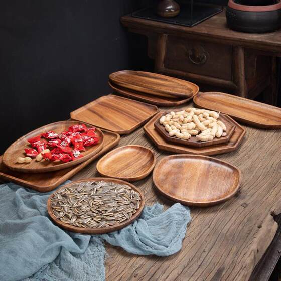 Wooden plate wooden plate creative personalized tea tray octagonal retro suspended wooden tray home acacia solid Japanese style no paint
