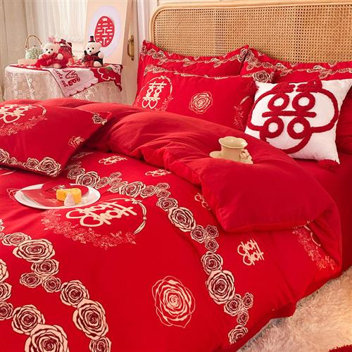 加厚斜纹磨毛四件套床单被套结婚大红色婚庆床上用品套件