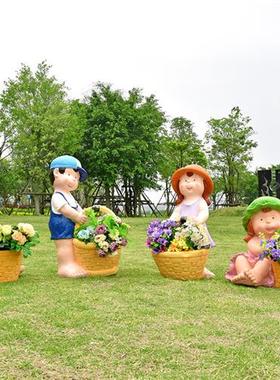 户外卡通兔子雕塑仿真动物花缸摆件幼儿园玻璃钢园林小品草坪装饰