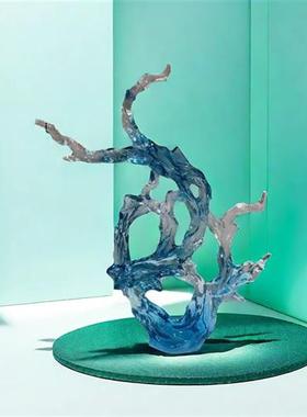 酒店样板房大堂透明树脂浪花雕塑客厅入门创意玄关水晶艺术摆件