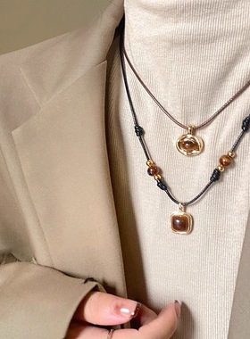 虎眼石吊坠皮绳项链女秋冬中古