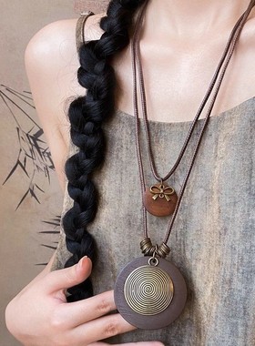 新中式禅意古铜羽毛项链女双层叠戴波西米亚民族风长款毛衣链配饰