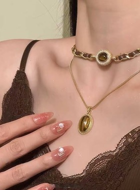 【复古虎眼石】2025新款秋冬美拉德双层叠戴项链气质皮绳choker