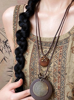 新中式禅意古铜羽毛项链女双层叠戴波西米亚民族风长款毛衣链配饰