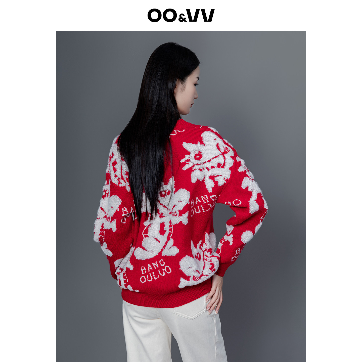 oo&vv红色印花卡通龙针织衫女2025秋冬新款圆领宽松显瘦百搭毛衣,淘宝优惠券,粉丝福利购,淘宝优惠卷