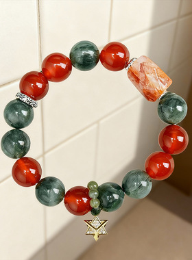 天然红玛瑙绿发晶手串女招财转运