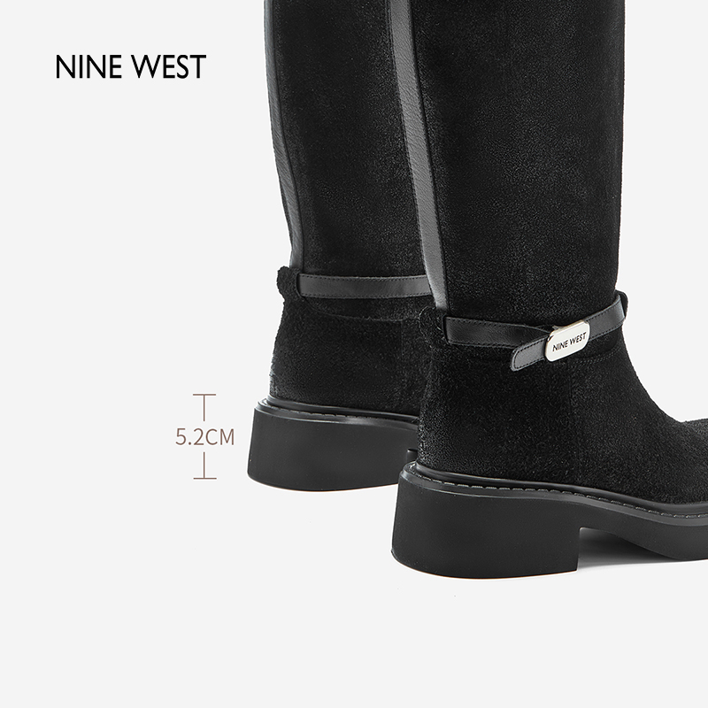 Nine West/玖熙冬季清仓骑士靴女黑色百搭圆头高跟长筒靴百搭女鞋 - 图2