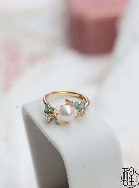 烧蓝精工工艺S925银花朵款天然淡水珍珠戒指 小众设计