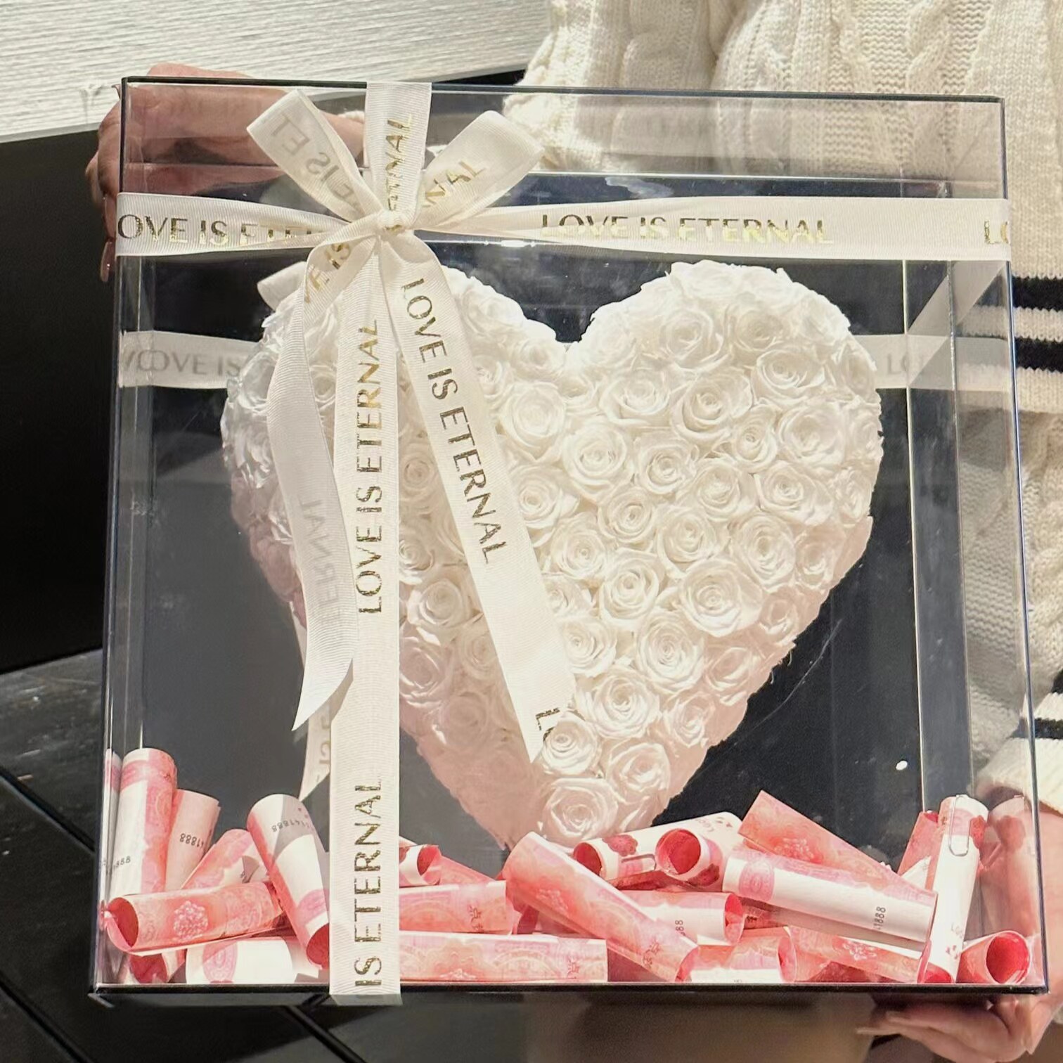 有钱花永生花玫瑰爱心镜面礼盒送女友闺蜜老婆生日结婚七夕节礼物