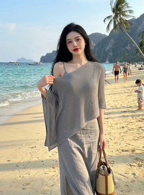 海边户外罩衫灰色亚麻不规则披肩