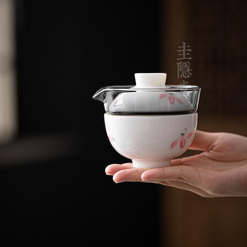 Gui Yintang hand-painted pink orchid mutton fat jade porcelain outdoor portable travel Kung Fu tea set tea cup quick cup