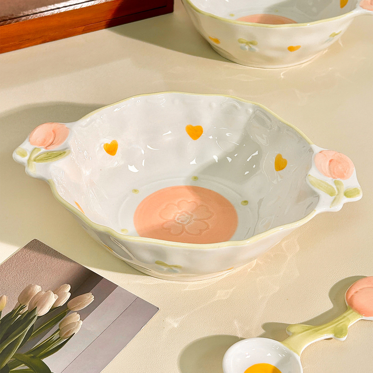 双耳汤碗家用陶瓷大碗盛汤盆10英寸大号面碗高颜值餐具2024新款