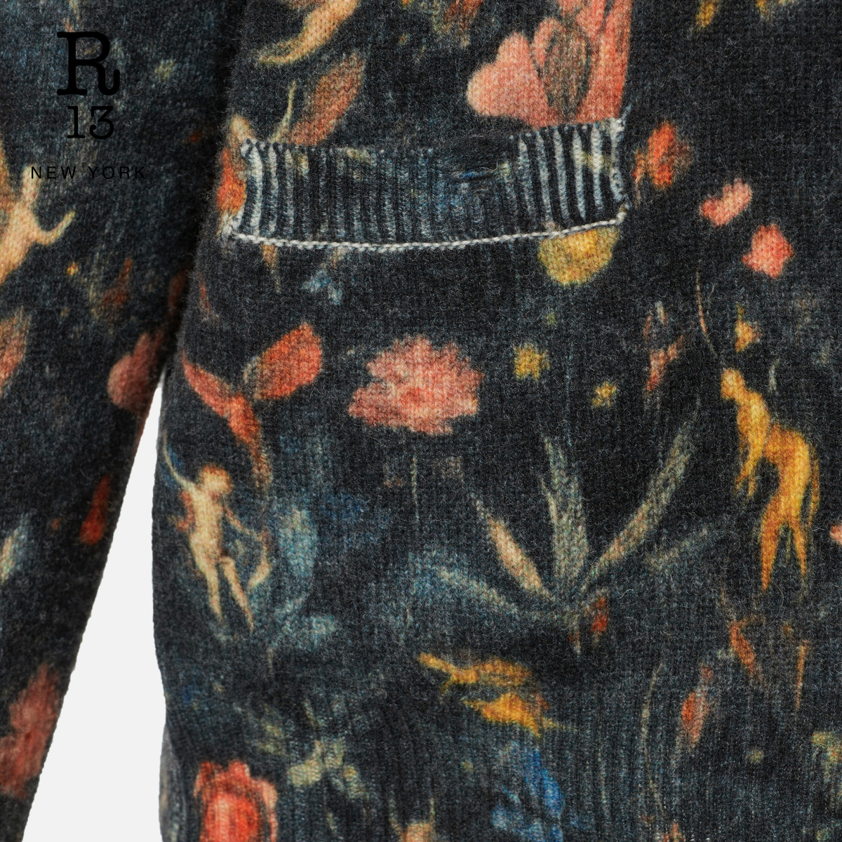 R13 2025秋冬新品 宽松做旧解构风复古花卉印花针织开衫毛衣,淘宝优惠券,粉丝福利购,淘宝优惠卷