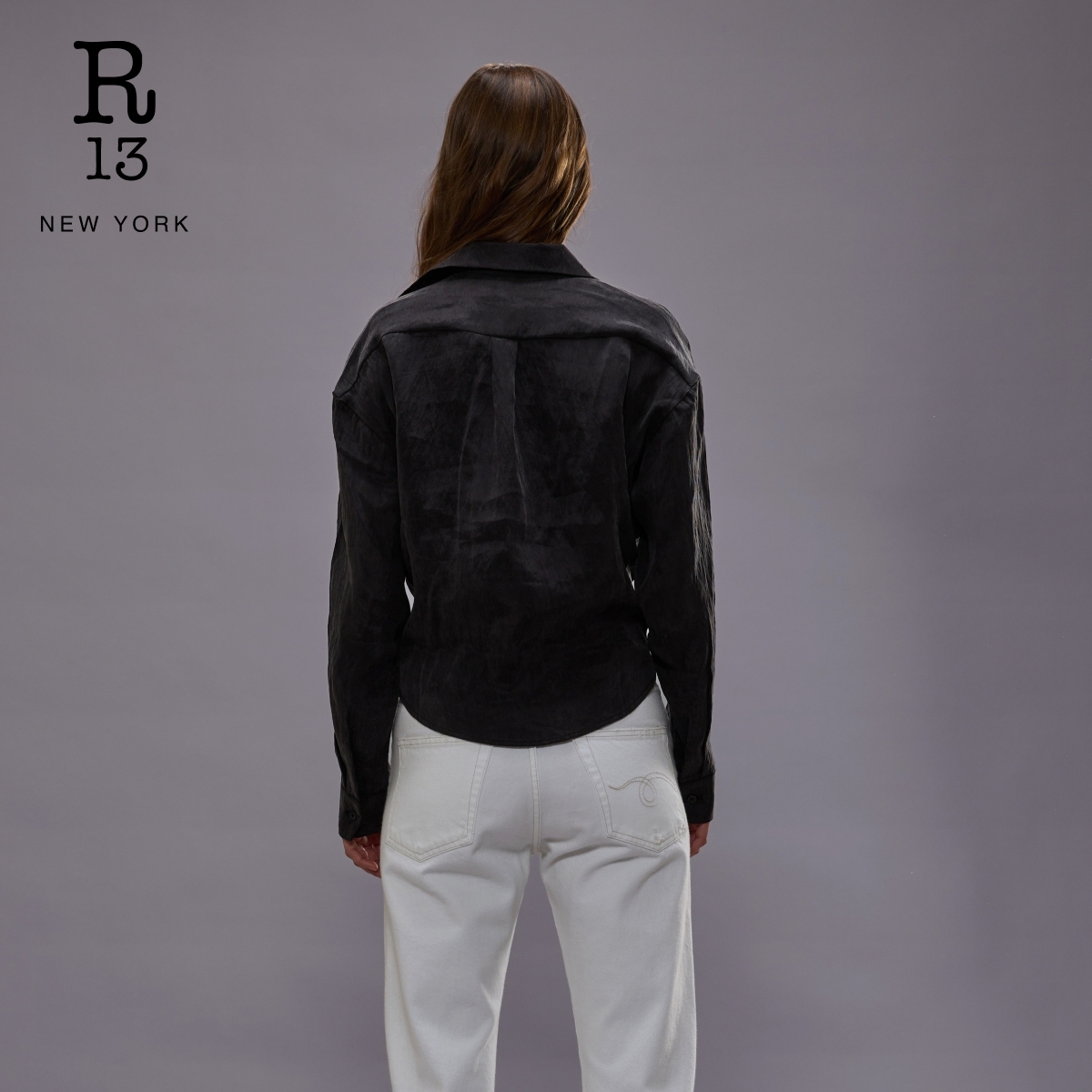 R13 2025春夏新品 莱赛尔混纺长袖衬衣扭结下摆简约轻薄休闲衬衫 - 图3