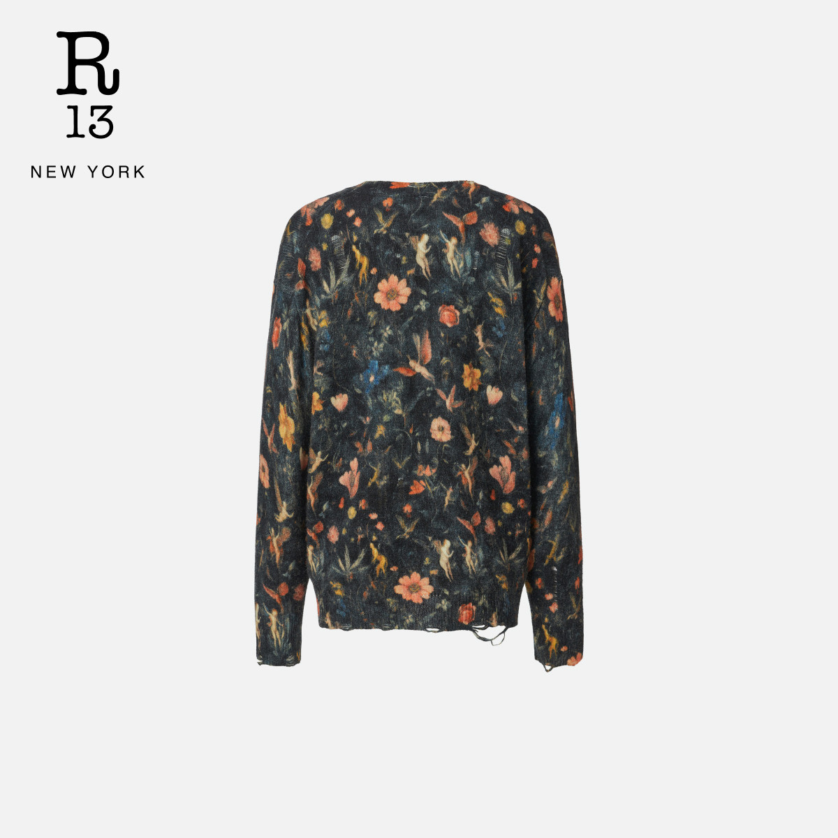 R13 2025秋冬新品 宽松做旧解构风复古花卉印花针织开衫毛衣,淘宝优惠券,粉丝福利购,淘宝优惠卷