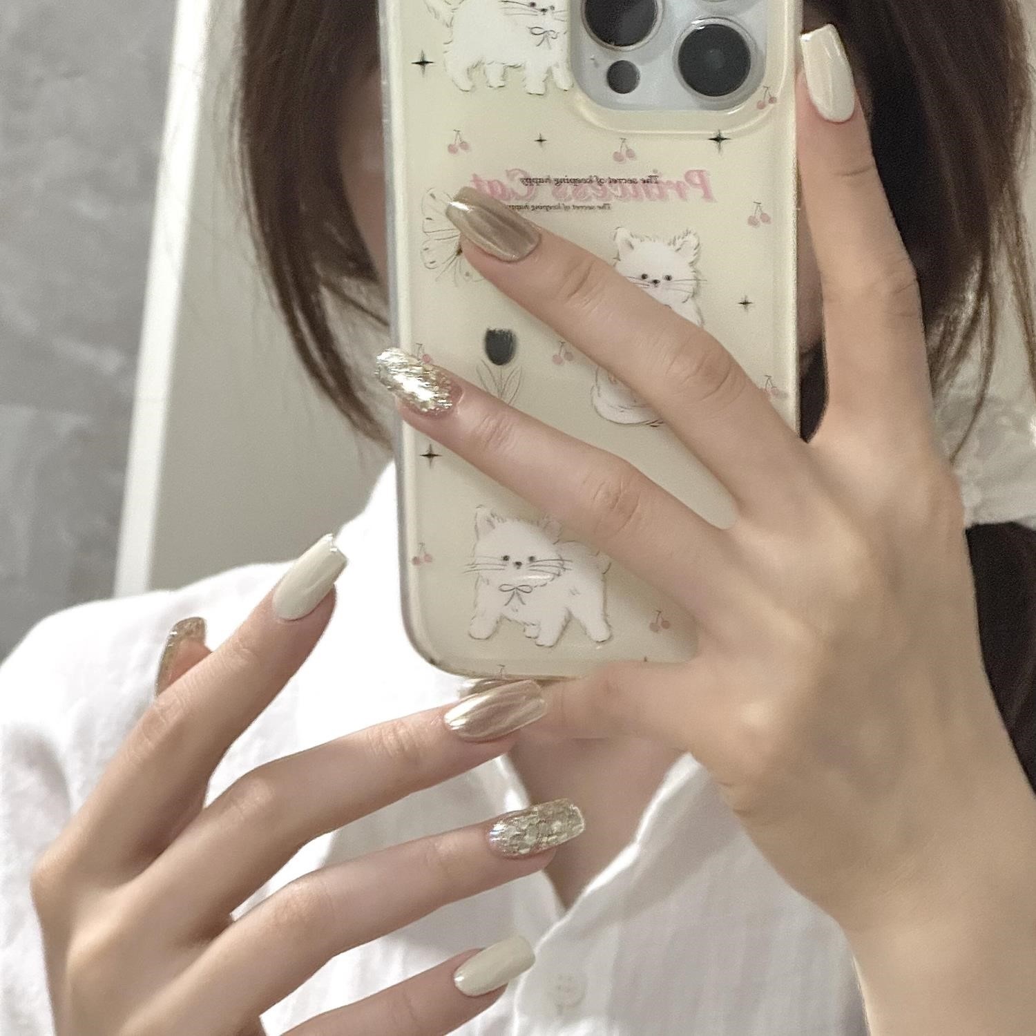 纯手工穿戴甲秋冬新款老钱风高级感魔镜粉撞色跳色显白短甲假指甲,淘宝优惠券,粉丝福利购,淘宝优惠卷