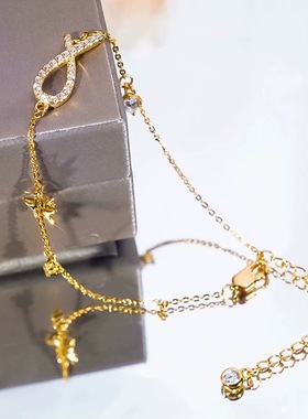 新款18K金美国进口D色莫桑石满钻小鱼可调节星星手链甜美简约时尚