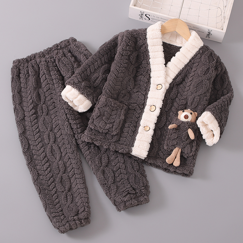 儿童睡衣秋冬季法兰绒加厚冬款男童男孩珊瑚绒宝宝女童家居服套装 - 图0