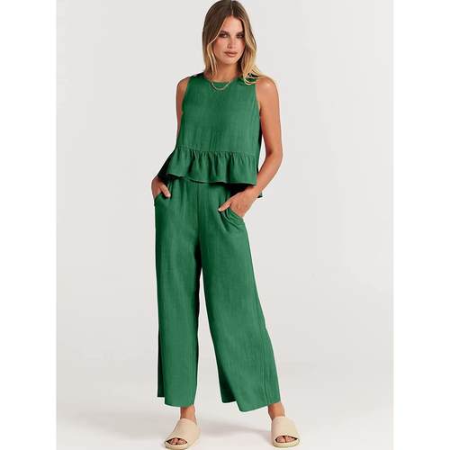 Womens Sleeveless Pleated Vest Wide Leg Cropped Pants - 图1