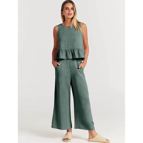 Womens Sleeveless Pleated Vest Wide Leg Cropped Pants - 图0