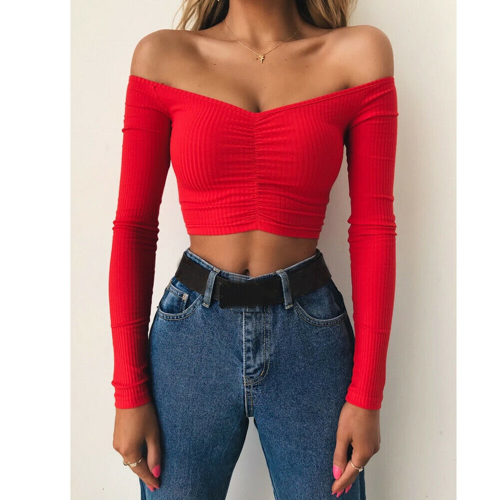 3 colors Women Sexy Off Shoulder Long Sleeve Shirt Cropped - 图0