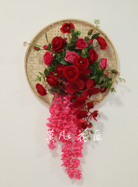 民宿卧室床头背景墙壁挂花艺装饰