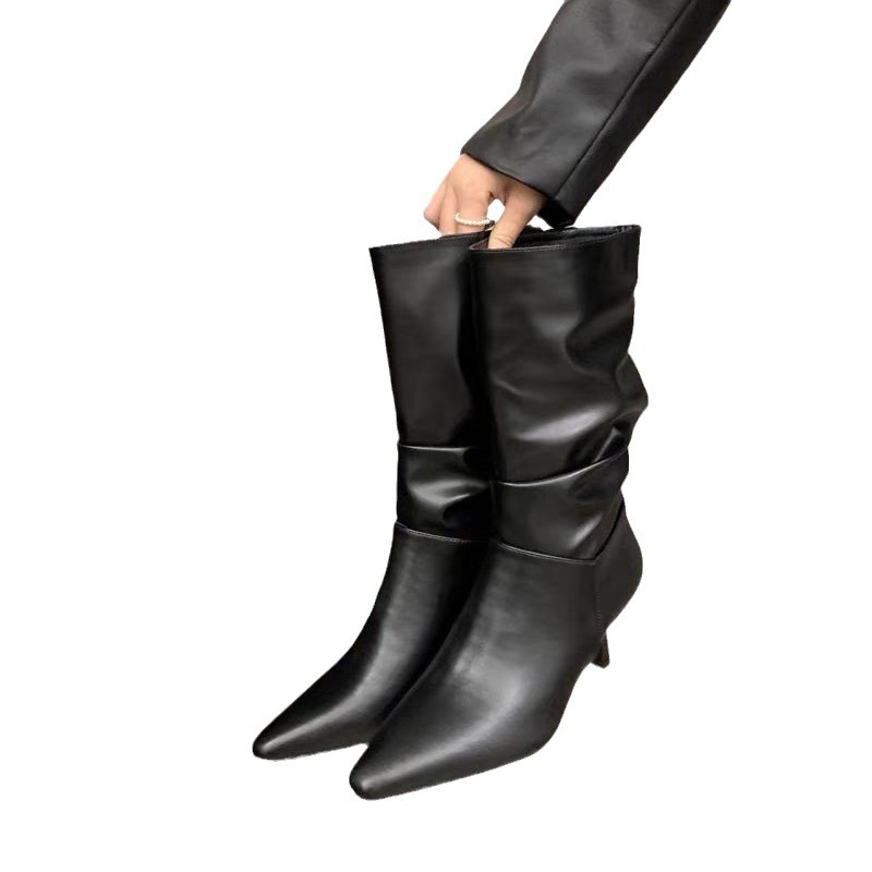 细跟白色堆堆中筒骑士靴女鞋2025新款秋冬季时装靴尖头气质高跟 - 图3