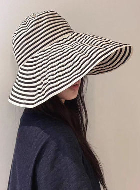 大头围防晒条纹渔夫帽女夏季新款日系可折叠长帽子时尚盆帽太阳帽