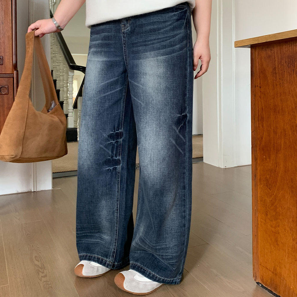 YUZI鱼子后松紧阔腿牛仔裤特大码女装高腰拖地水洗做旧复古胖mm,淘宝优惠券,粉丝福利购,淘宝优惠卷