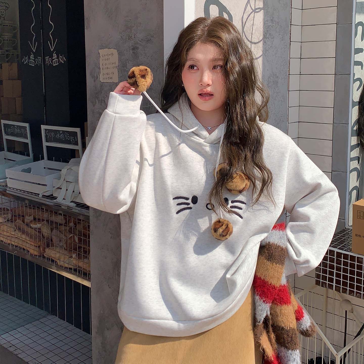 YUZI加绒豹纹猫咪卫衣连帽童趣可爱灰色宽松落肩秋冬上衣大码女装,淘宝优惠券,粉丝福利购,淘宝优惠卷