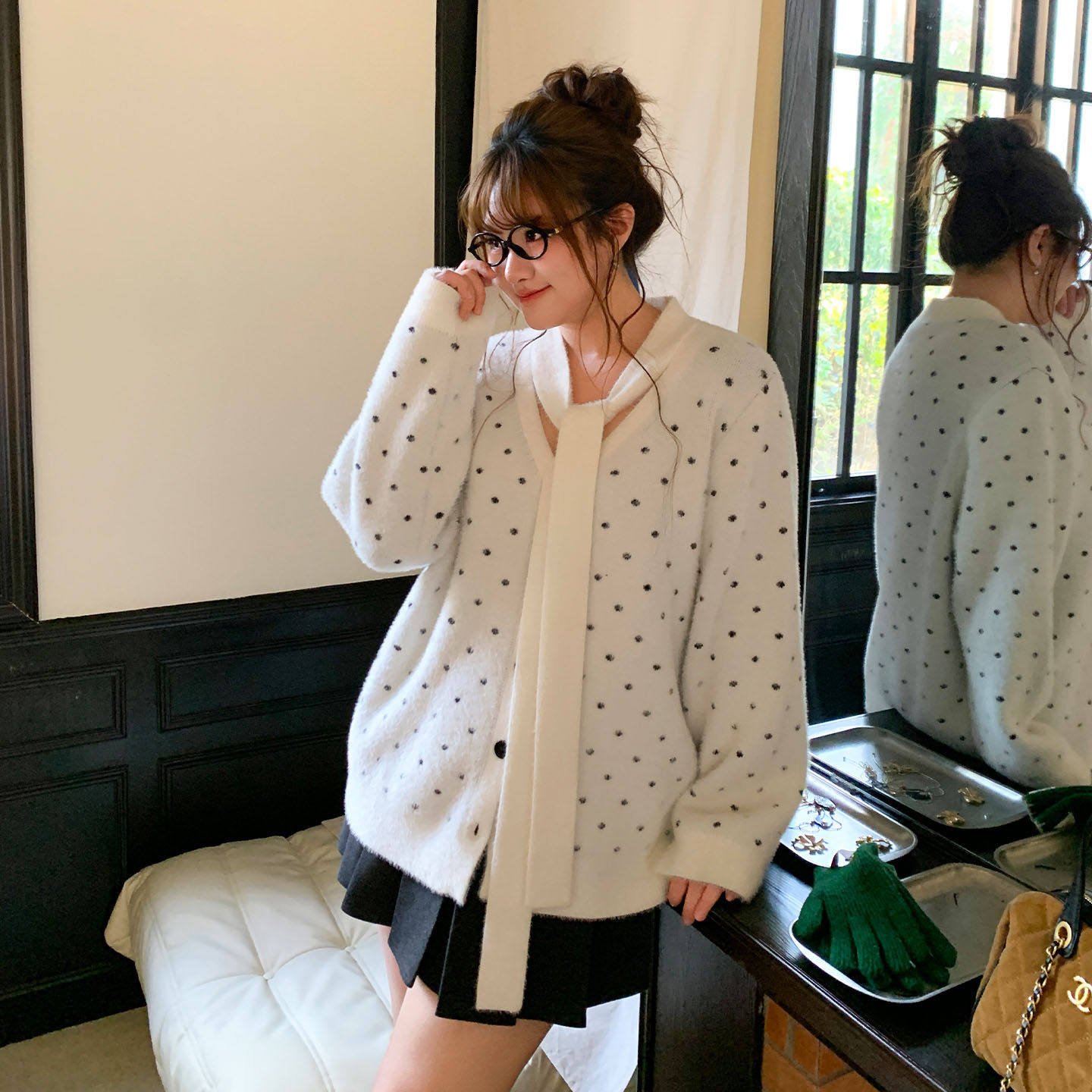 YUZI 鱼子波点开衫毛衣韩系仿貂毛领口系带气质宽松显瘦大码女装,淘宝优惠券,粉丝福利购,淘宝优惠卷